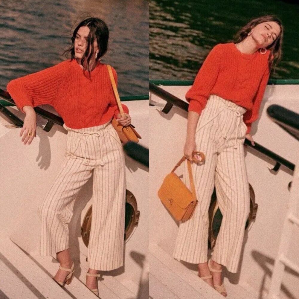 Sezane Red Sweater and Cream Striped Trousers